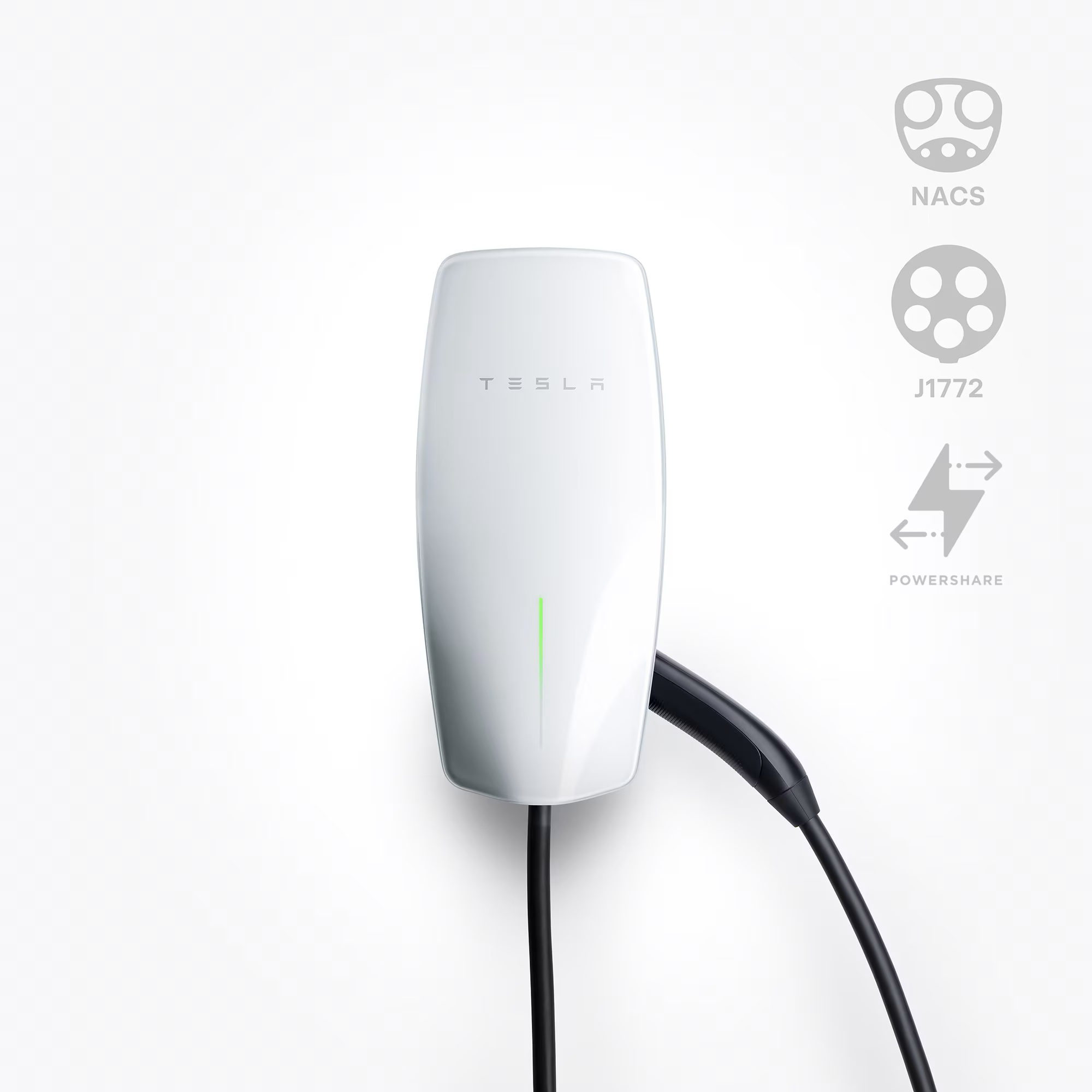 Tesla electric vehicle charging cable on a white background